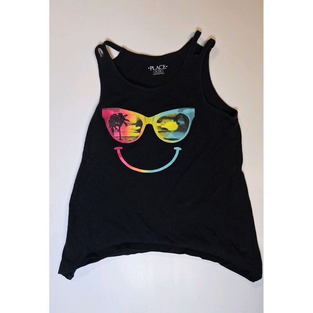 PLACE Girls Black Graphic Print Tank Top, Size 7-8 Years, Smile Beach Theme